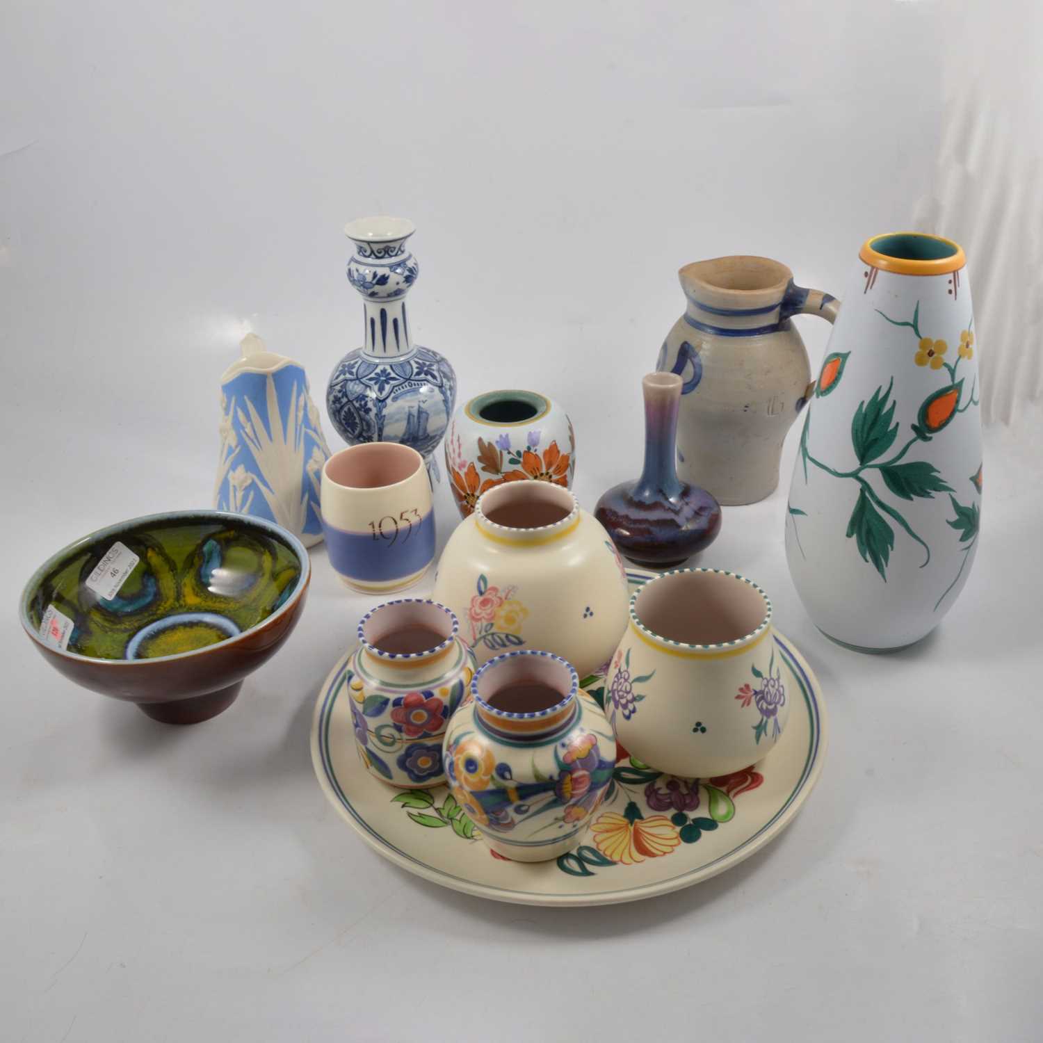 Lot 46 - Poole Pottery charger, vases, Delphis pedestal bowl and other ceramics.