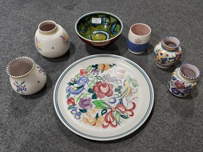Lot 46 - Poole Pottery charger, vases, Delphis pedestal bowl and other ceramics.