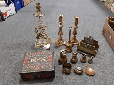 Lot 70 - Contemporary glass and brass table lamp, brass candlesticks, trivet, weights and other metal wares.