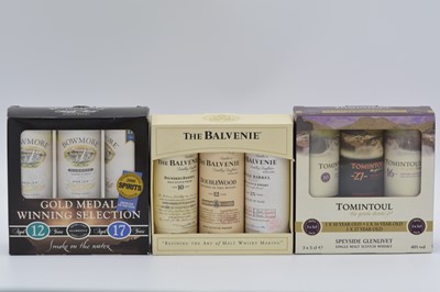 Lot 175 - Three miniature presentation pack triplets - Balvenie, Tomintoul, Bowmore