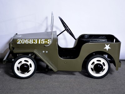 Lot 151 - Tri-ang pedal car, military Jeep, green body, 2068315-S, white hubs, 93cm (restored).