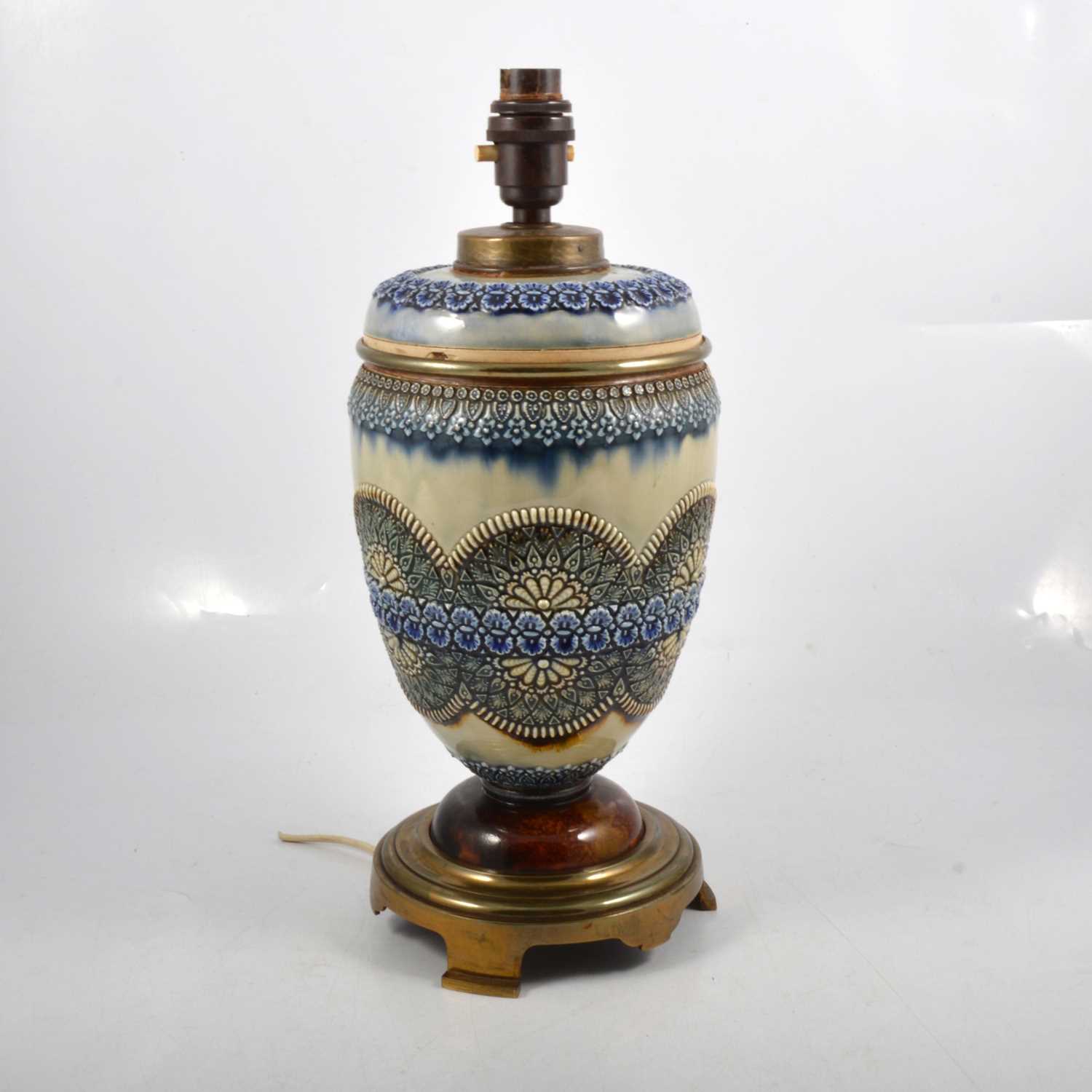 Lot 92 - Doulton Lambeth-type stoneware oil lamp, converted to electricity.