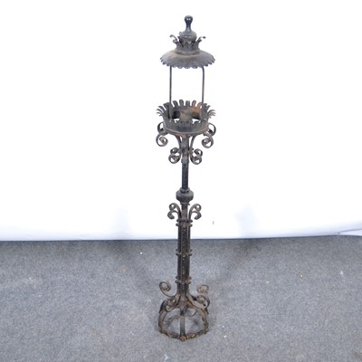 Lot 501 - Wrought metal lantern and an oak occasional table.