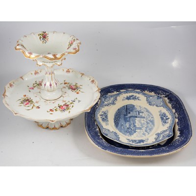 Lot 72 - French porcelain two-tier comport, and two blue and white meat plates.