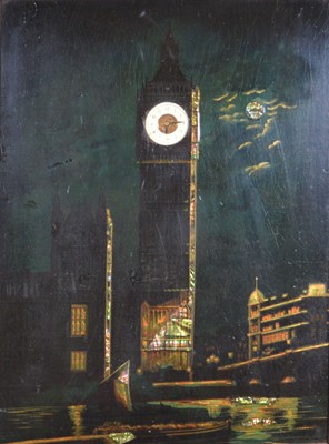 Lot 412 - Black lacquered papier-mache and mother of pearl inlaid 'Big Ben' picture clock