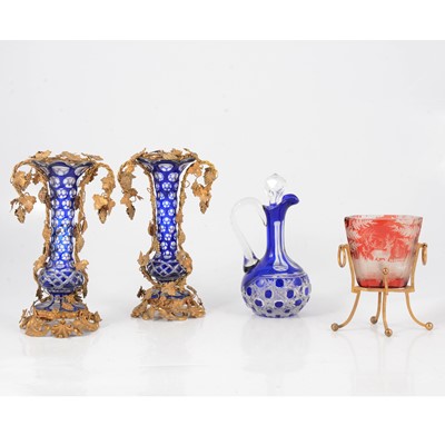 Lot 64 - Pair of blue overlaid glass vases, gilt mounts, vinegar bottle and a Bohemian vase