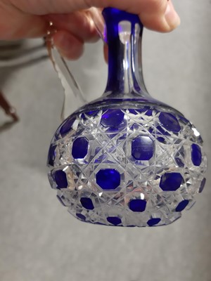 Lot 64 - Pair of blue overlaid glass vases, gilt mounts, vinegar bottle and a Bohemian vase