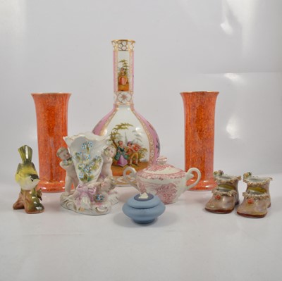 Lot 47 - Pair of orange lustre vases, transfer printed scenic bottle neck vase, Wedgwood jasper etc.