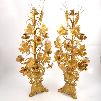 Lot 161 - Pair of gilt metal ornate altar candelabra with harvest motif.