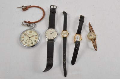 Lot 353 - Jaeger-LeCoultre Military Issue pocket watch, Smiths Astral National 15 wristwatch and three others