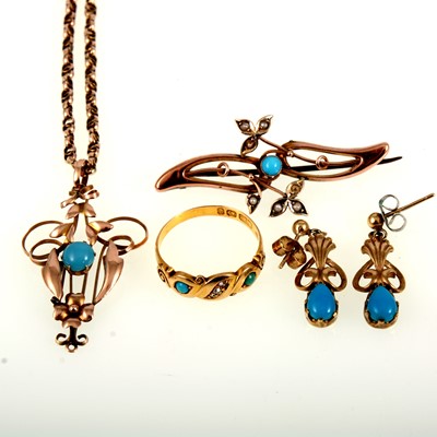 Lot 267 - Turquoise pendant and chain, brooch, earrings and ring.