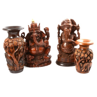 Lot 183 - Indian and Thai hardwood carved Ganeshas, and Indian carved hardwood vases.