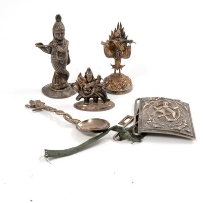 Lot 286 - Five white metal or metal figurines of or items decorated with Hindu deities.