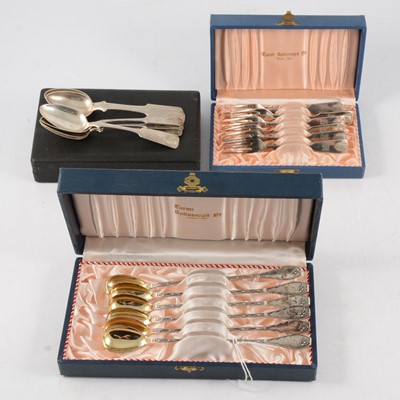 Lot 180 - Six white metal cocktail spoons, Auran Kultaseppa Oy, Turku 1957, and other white metal flatware.