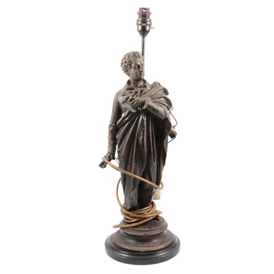 Lot 405A - Figural patinated spelter table lamp, modelled as a scholar