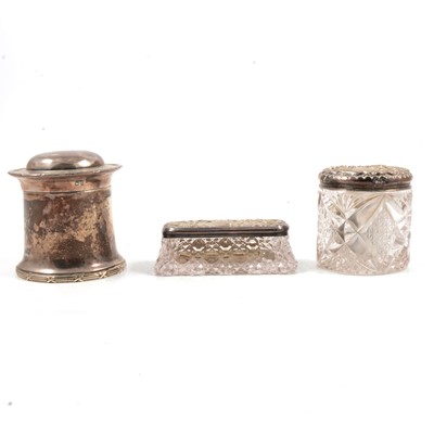 Lot 153 - Edwardian silver powder box, James Deakin & Sons, Chester 1903, and two silver-topped jars.