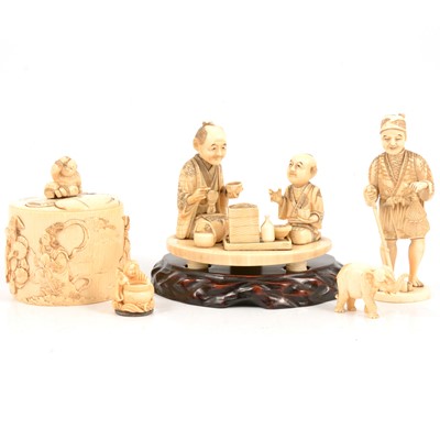 Lot 266 - Japanese carved ivory group, Meiji, okimono, box and two small carvings