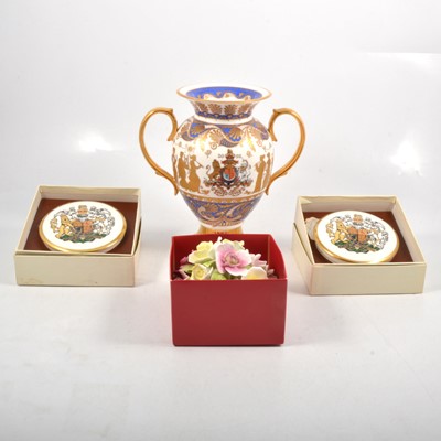 Lot 94 - Buckingham Palace China Golden Jubilee vase, Coalport centrepiece and two trinket boxes.