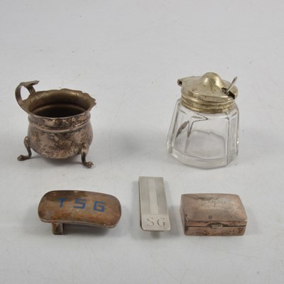Lot 238 - Silver condiments, Tiffany & Co money clip, bookmark and other small silver, white metal and plated items.