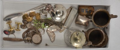 Lot 238 - Silver condiments, Tiffany & Co money clip, bookmark and other small silver, white metal and plated items.