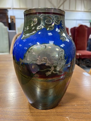 Lot 1022 - William S Mycock for Pilkington's Royal Lancastrian - a lustre vase with charging bulls, 1933