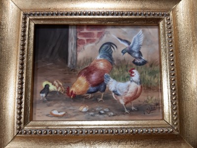 Lot 108 - Pair of painted porcelain panels depicting chickens, signed F Clark.