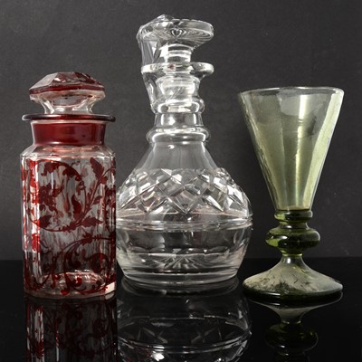 Lot 65 - Pair of ruby overlaid glass jars, decanter and drinking glasses