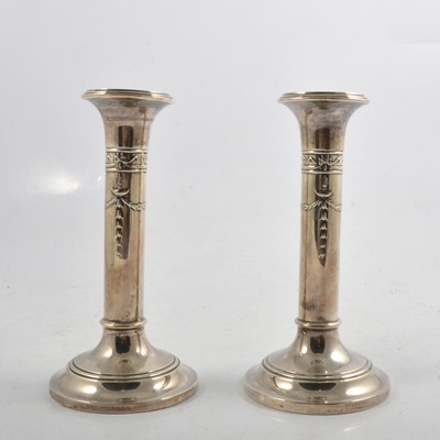 Lot 228 - Pair of silver candlesticks in the Adam style, Levi & Salaman, Birmingham 1927.