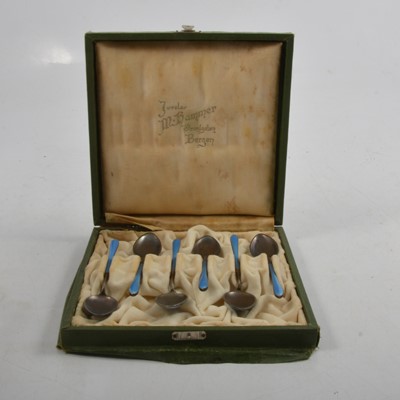 Lot 223 - Set of six Norwegian white metal and blue enamel coffee spoons.