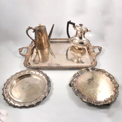 Lot 111 - Large silver-plated tray, salver and cake stand, two glass decanters, silver handled tea knives