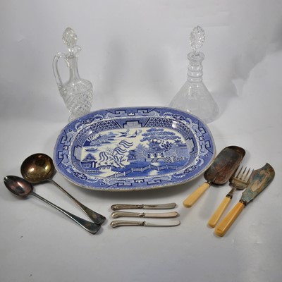 Lot 111 - Large silver-plated tray, salver and cake stand, two glass decanters, silver handled tea knives