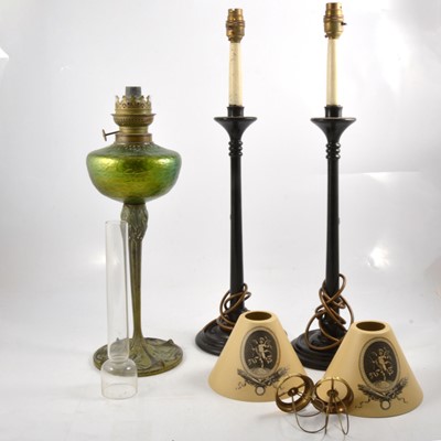 Lot 139 - Art Nouveau style oil lamp; and pair of wooden table lamps.