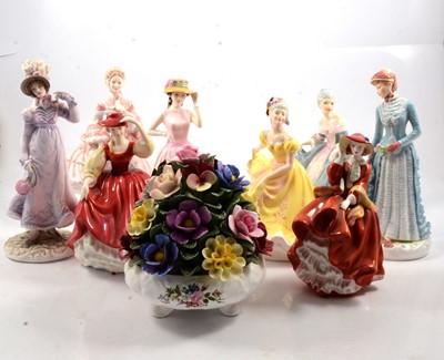 Lot 4 - Eight Royal Doulton and Royal Worcester figurines, and an Aynsley posy.