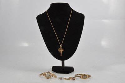 Lot 297A - A 9 carat gold wristwatch, rings, crucifix, St Christopher and chain.