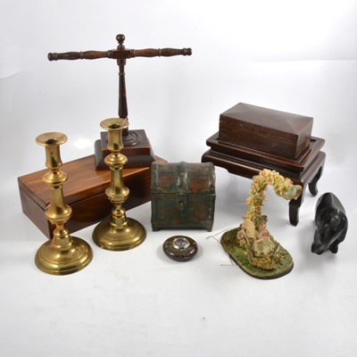 Lot 128 - Two wooden boxes, a pair of brass candlesticks, jewellery stand, Chinese style dish stand.