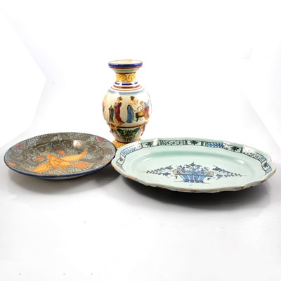 Lot 53 - A Faience circular dish, rectangular plate, decorated vase.