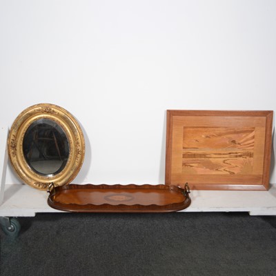 Lot 562A - Gilt framed wall mirror, tray and a parquetry panel