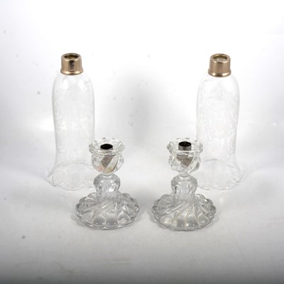 Lot 45 - Pair of Baccarat candlesticks with etched glass hurricane shades.