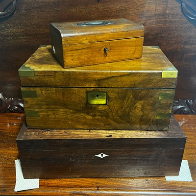 Lot 495 - Victorian brass-mounted walnut writing box, a rsoewood box, and another.