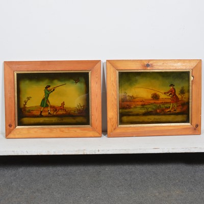 Lot 166 - Wooden cigarette box with Cecil Aldin printed cover; and two inverse painted glass scenes