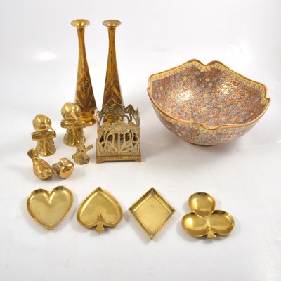 Lot 160 - Macau bowl, pair of brass spill vases with copper outlines and other decorative brassware.