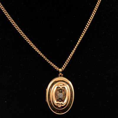 Lot 332 - A 9 carat gold locket and chain, B&F locket, two rings, pearl drop.