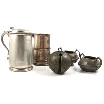 Lot 131 - Brass jam pan, W R rumble or crotal bell, pewter plate, tankards etc.