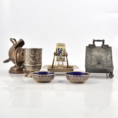 Lot 128 - A silver christening mug, silver-plated biscuit box, teaset, flatware etc.