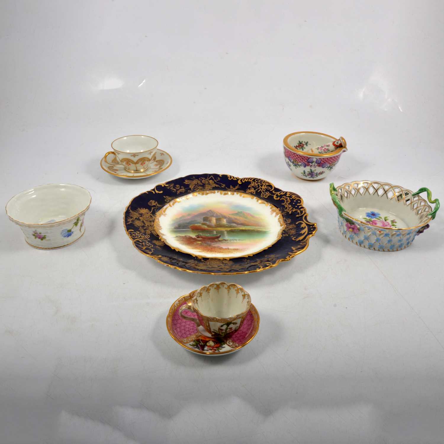 Lot 90 - Dresden twin-handled basket, small Dresden bowl, and other decorative ceramics.