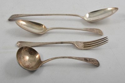 Lot 247 - Matched part set of silver cutlery, to include a basting spoon, William Chawner II, London 1821.