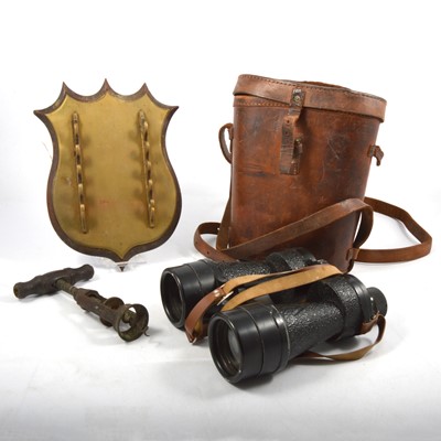 Lot 117 - Victorian corkscrew; whip stand and binoculars.