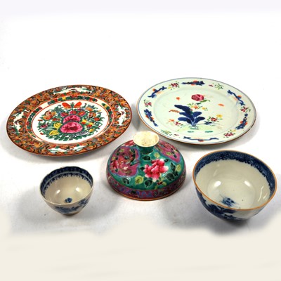 Lot 50 - Chinese famille rose plates, two tea bowls, and a footed dish.