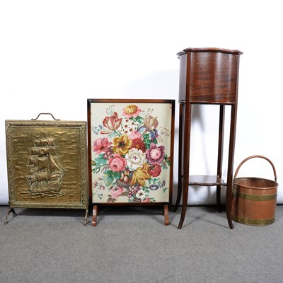 Lot 450 - A mahogany plant stand, two fire screens, one a brass galleon, one embroidered, copper bucket.