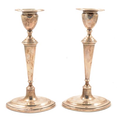 Lot 174 - Pair of silver candlesticks, Thomas A Scott, Sheffield 1904.